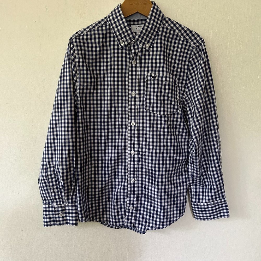 Crown & Ivy Boys Dress Shirt Kid Medium Blue Checked Collared Preppy Button Down